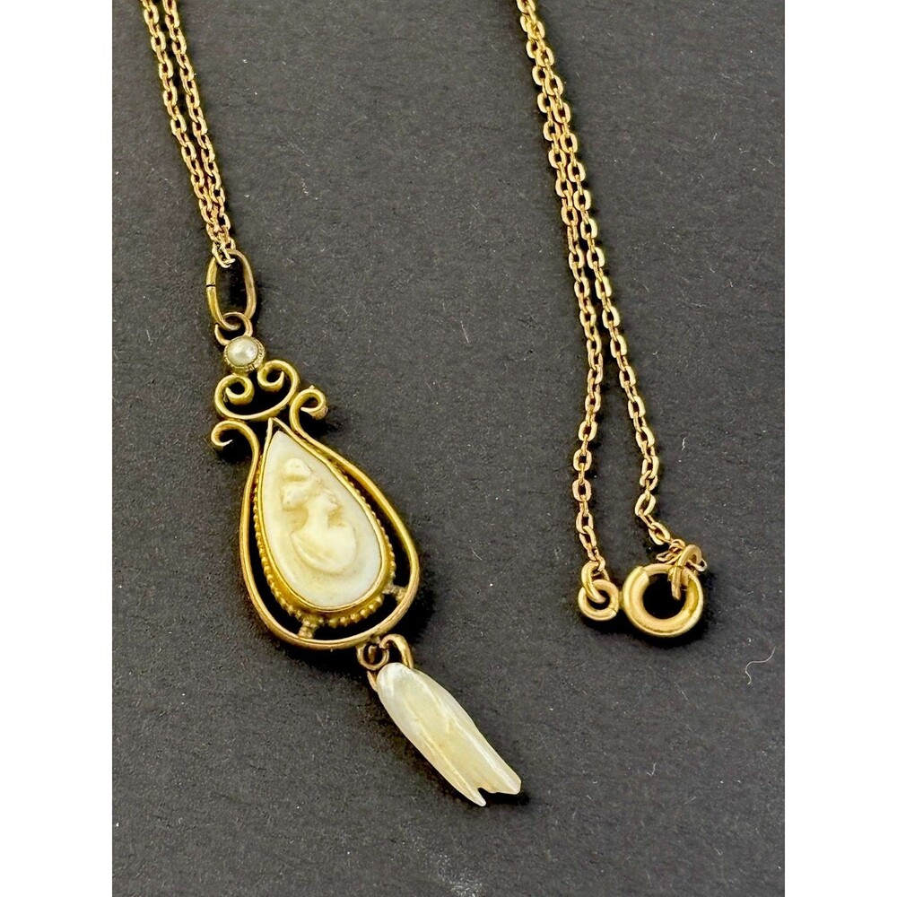 VINTAGE 10Kt GF GOLD WHITE SHELL CAMEO & Pearls ART DECO Lavalier 18” NECKLACE